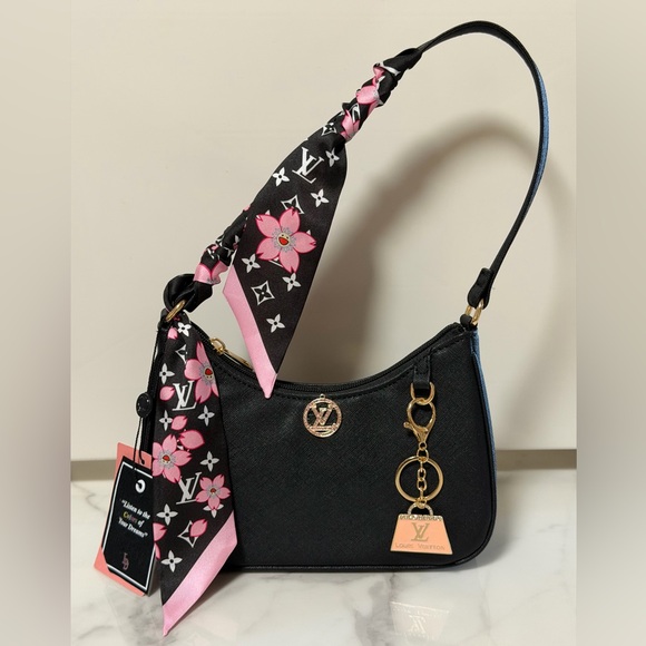 Upcycled Handbags - 🔥Elegant Black Shoulder Bag with Pink Floral Accent WITH AUTHENTIC LV CHARM🔥
